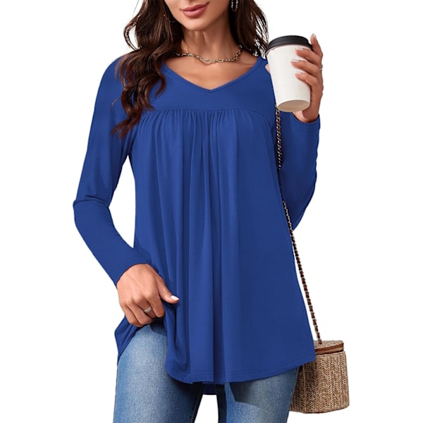 LASI Dam långärmad tunika toppar V-ringning casual dressy T-shirts lös passform att bära med leggings blusar höst toppar för kvinnor Royal Blue Medium