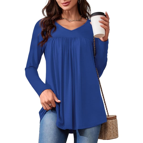 LASI Långärmade tunikatröjor för damer V-ringad Casual Dressy T-shirts Loose Fit Wear med Leggings Blusar Höst Toppar för kvinnor Royal Blue Medium