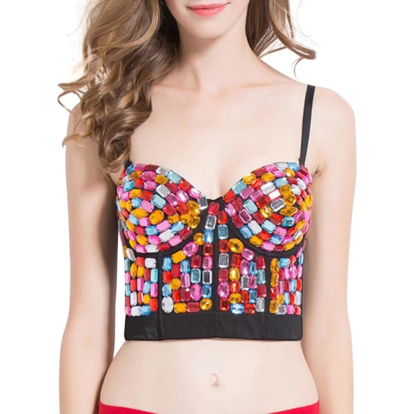 HO Bustier Crop Top Mesh Korsett Top Push up Rhinestone Diamond BH Club Party Väst Multicolor-36b