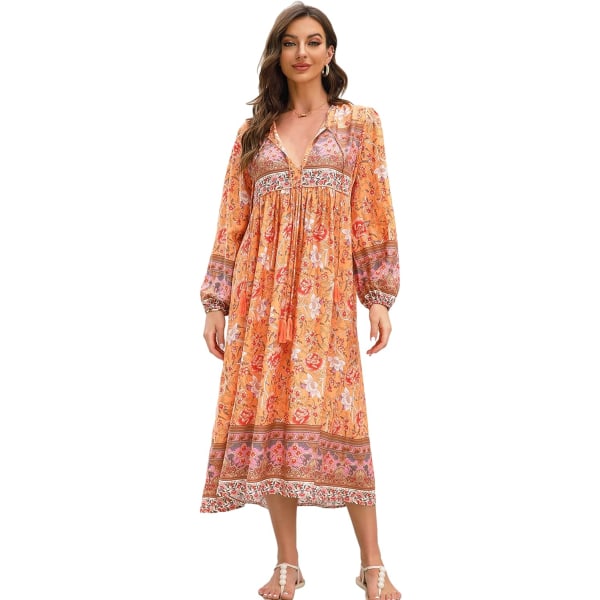 ivimos Dam långärmad blommig retro V-ringad tofs bohemisk midiklänning Tangerine XX-Large