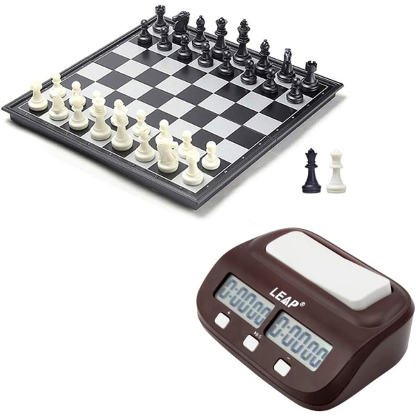Cbo Set - Digital schacktimer Räkna upp/ner Schackspelklocka + 25x25 cm magnetiskt fällbart schackbräde med svarta och vita schackpjäser + extra 2 damer
