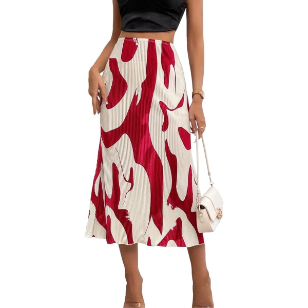 dusa Kvinnors hög midja grafiskt print A Line Plisserad lång kjol Röd Medium