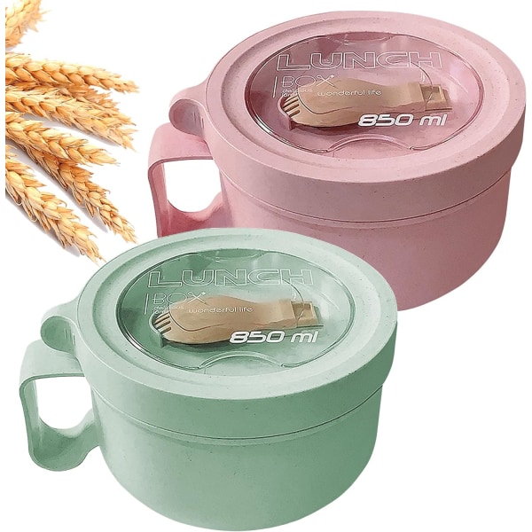 BOOX Wheat Straw Mikrovågsugn Ramen Bowl Set Nudelskålar med lock och sked, hopfällbara redskap och förbättrat greppvänligt De Pink+Green