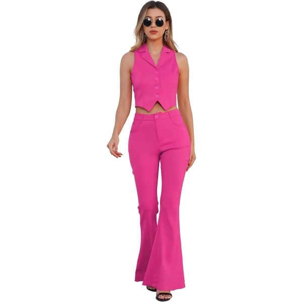 LDI Rosa Cowgirl-kostym för kvinnor 70-tal 80-tal Hippie Disco Outfits Ärmlös väst Flare Set Halloween Party Kostym Hot Pink Large