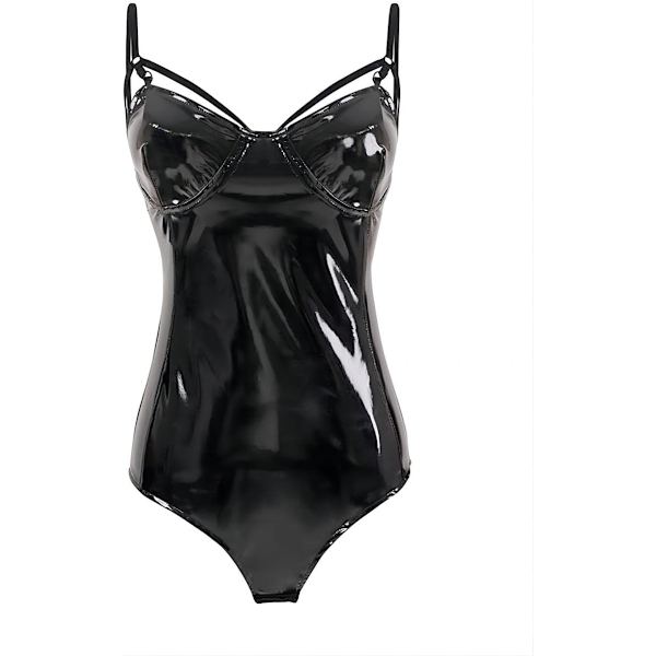 APU Dam Halter Jumpsuit Faux patent Läder Leotard Bodysuit Svart Liten