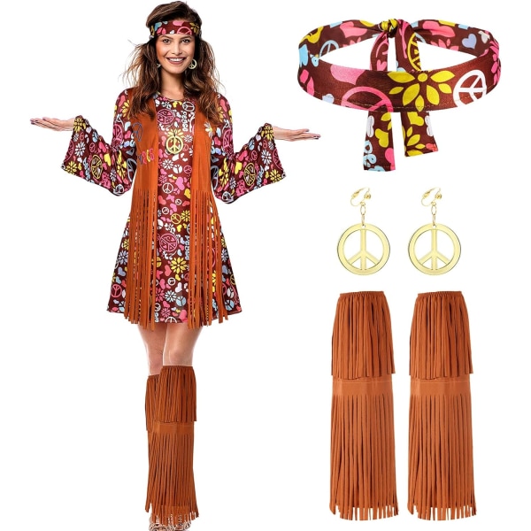 Hippie-kostymset med fredsteckens örhängen, halsband, pannband, klänning och ankelstrumpor, röd blommig, vuxenstorlek (X-Large)
