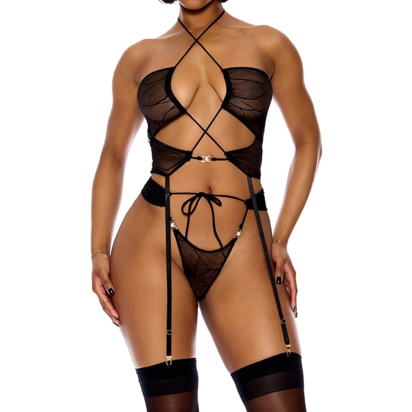 Play Womens Pull My Strings Mesh Longline BH Lingerie SetLingerie Set Svart Stor