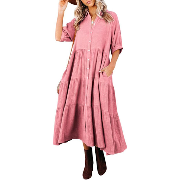ivimos Dam Sommar Bomull Halv Ärmar Knapp Ned Casual Lös Slit Midi Klänning med Ficka Rosa Stor