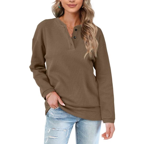 EFAN Dam Casual Sweatshirts Henley Button Up Långärmad Tunika Toppar 02-kaffe Medium