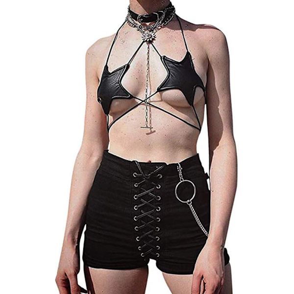 eio Kvinnor Sexig Stjärna Strappy Crop Top Halter Bh Fest Nattklubb Rave Outfits Svart