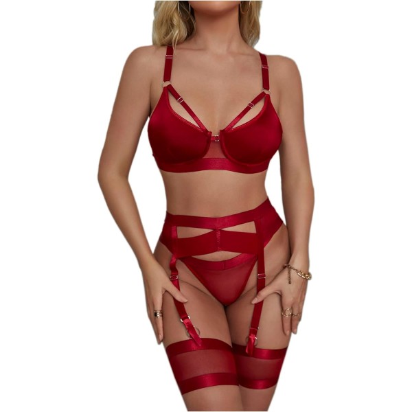 ESEA Dam Strumpeband Lingerie Set, Strappy BH och Trosor Set, Genomskinlig Matchande 4 Delar Lingerie Set Röd Liten