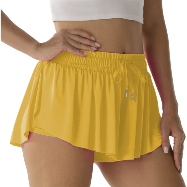 Atletiska shorts för kvinnor löpning tennis fjärilsshorts flickor 2-i-1 dubbellager snabbtorkande bekväma shorts gul x-stor
