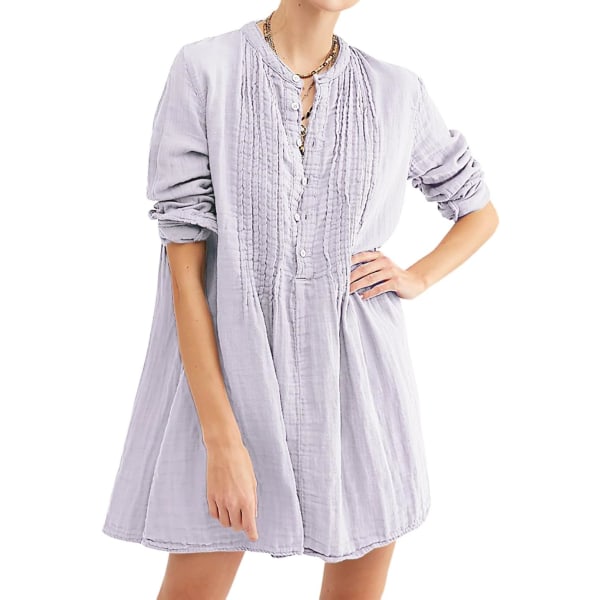 ivimos tunikaklänning för kvinnor Höst bomull Knäppning långa ärmar Casual miniskjortaklänning Lavendel X-Large