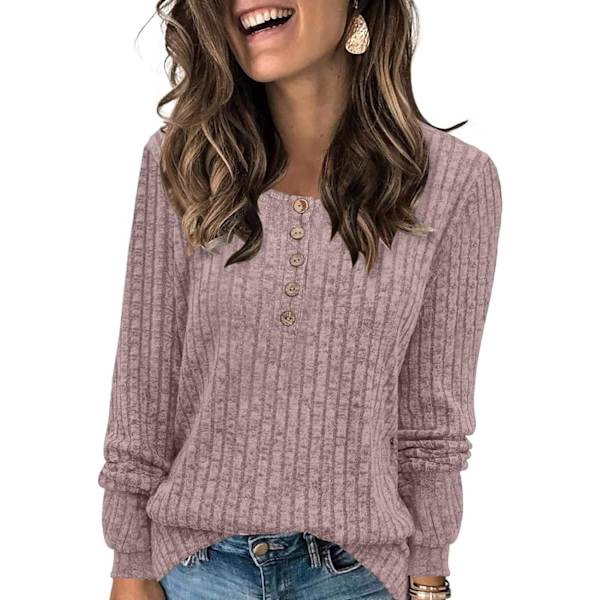 MOON Damkläder Lätt Tröjor 2024 Långärmad Henley Skjorta Höst Casual Crewneck Tunika Toppar Rosa Grå X-Large
