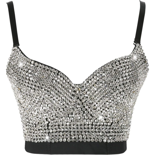 ngzhou ATO PEN Dam Sexy Rhinestone Shining Diamond Bustier Club Party BH Klippt Topp Väst Svart Silver Bo Liten