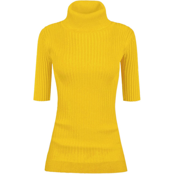Kvinnors Turtleneck 1/2 Halv Ärm Hög Stretch Ribbstickad Åtsittande Tröja Gul Liten