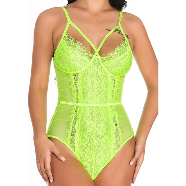 Genom Lingerie, V-hals spets body, sexig underkläder kvinnor, en del body suit fluorescerande grön medium