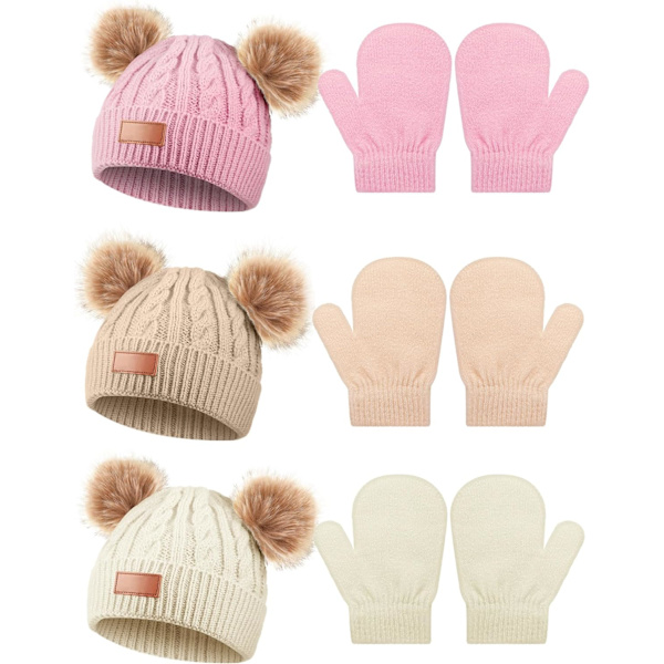 et Barn Bebis Småbarn Vinterhattar och Vantar Set Klassisk Varm Stickad Mössa Handskar Båge för Pojkar och Flickor 0-6Y Vit, Rosa, Kh Vanlig Stil