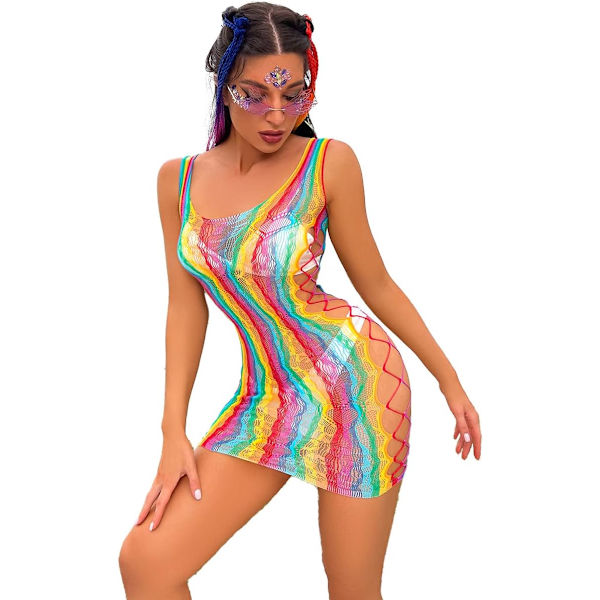 y Regnbågsfisknät Klänning Stretchy Baddräkt för Kvinnor Fishnet Bodysuit Sheer Mesh Bodycon Lingerie Nattkläder Regnbåge Sleevel En Storlek