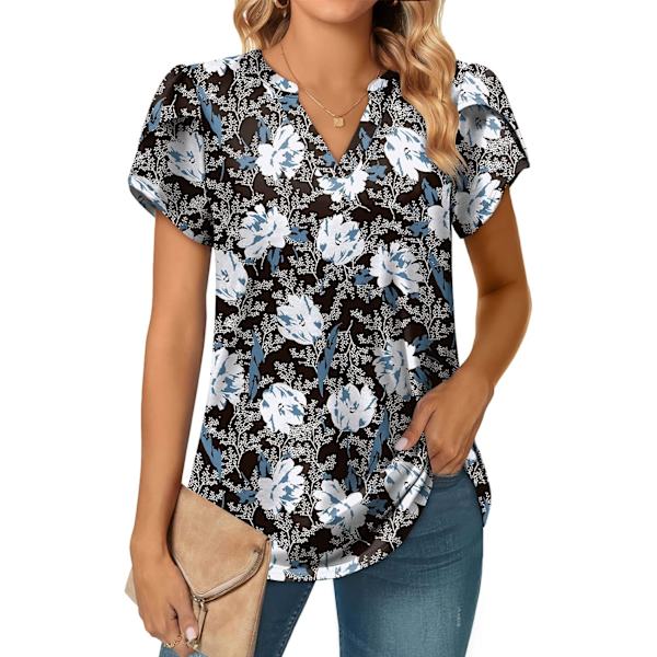 ens Sommartoppar V-hals Volang Korta Ärmar Lös Passform Mode Csual T-shirts 03-svart Blomma Liten