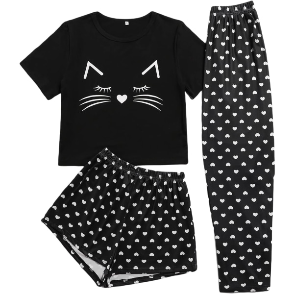 dusa dam 3-delad print Pyjamasset T-tröjor och shorts Byxor Pj Set Black Heart Small