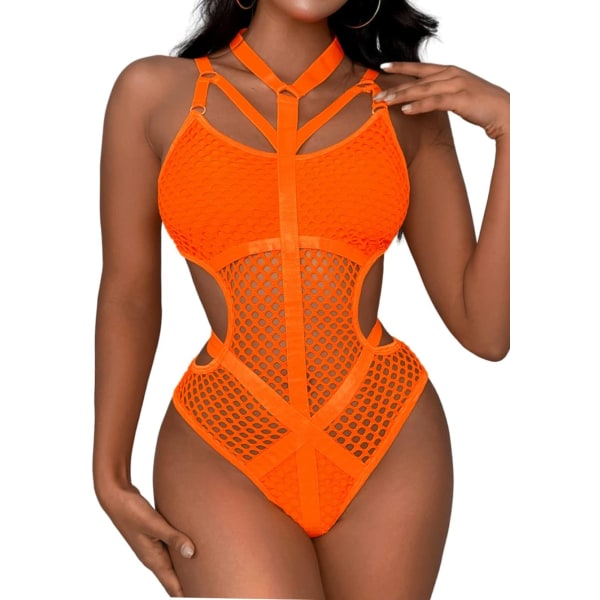 i&Shi Fishnet Body, Choker Strappy, Cutout Midja, Teddy Underkläder för kvinnor Neon Orange 2-4