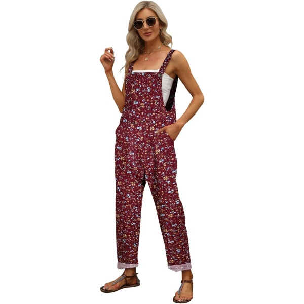 Dammode Baggy Lös Linne Overaller Jumpsuit Oversized Casual Ärmlös Rompers med Ficka Blommig-vin 3X-Large