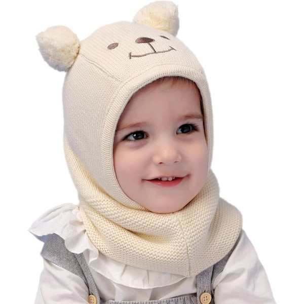 racy Baby Toddler Kids Vinter Varma Huva Mössa Fleece Fodrad Stickad Mössa Halsdukar med Öron Beige 1-2 År