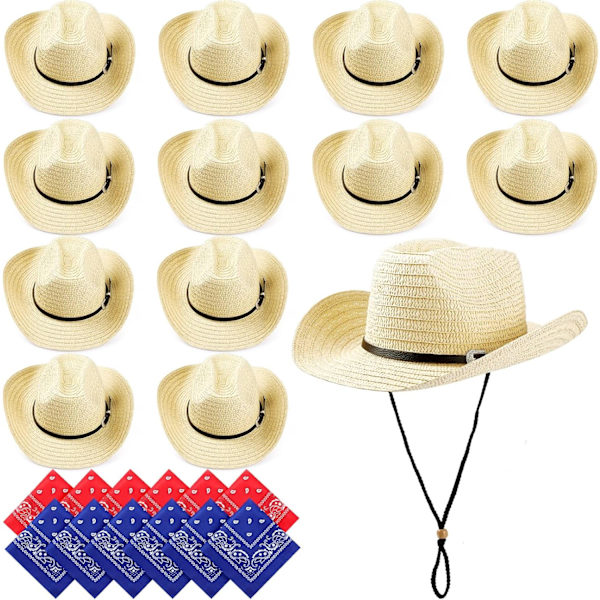 INIOR 12 Set Halm Cowboyhattar och Bandanas Festpaket Cowboy Fest Hatt Kostym Huvudbandana Bulk Western Tillbehör Beige Läder Trim Stil