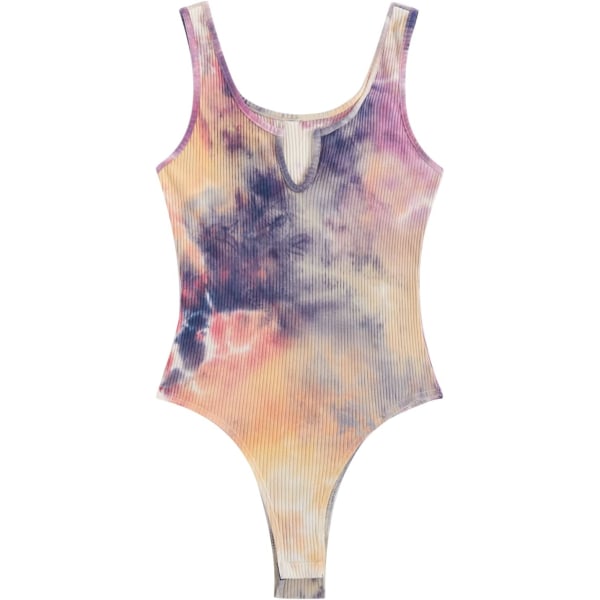 dusa Dam Tie Dye Urringad Hals Ribbad Smal Tros Tank Bodysuit Topp Flerfärgad Purp Liten