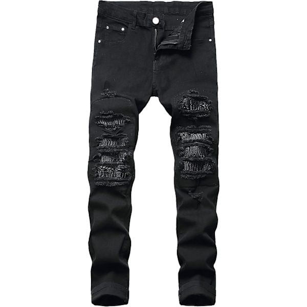 YUM herr Distressed Slim Fit Biker Jeans Stretched Moto Denim Byxor