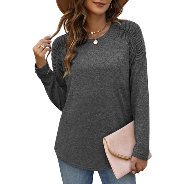 EFAN Dam T-shirt Tunika Långärmad Tröjor Rund Hals Sweatshirt Kurvad Fåll 02-mörkgrå Liten
