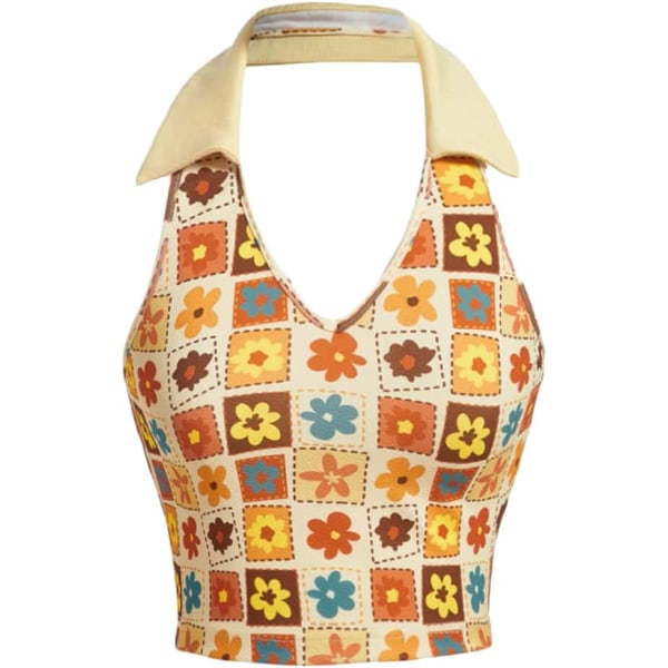dusa Dam Floral Print Rygglös Halterneck V-ringad Slim Fitad Crop Top Tank Beige Stor