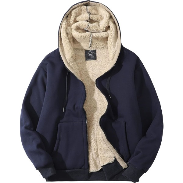 MEA Warm Thicken Fleece-huvtröja herr Sherpa-fodrad sweatshirtjacka med full dragkedja Marinblå XX-Large
