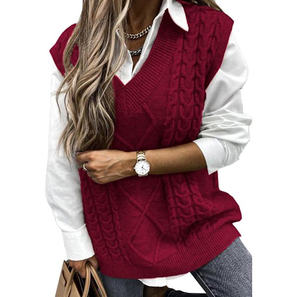 ANISA Dam V-hals Ärmlös Oversize Tröja Väst Casual Lös Kabel Stickad Tröjor Tank Pullover Höst Vinter Kläder Röd Liten