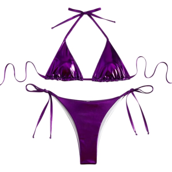 en's Shiny Liquid Metallic Bikini Set 2-delad Sexig Grimma Triangel Baddräkt Tie Sida Baddräkt Lila Medium
