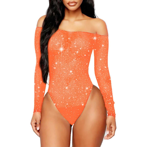 errki Kvinnor Sexig Sparkle Rhinestone Teddy Fishnet Långärmad One Piece Bodysuit Orange