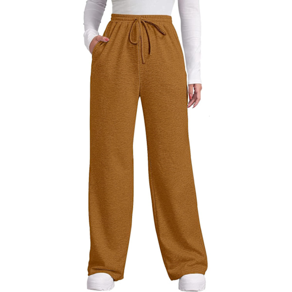 EFAN Dam höstbyxor med fickor vinter elastisk midja sweatpants vida ben dragsko byxor S-XXL karamell medium