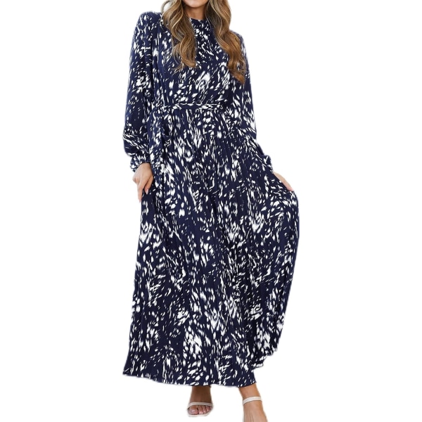 ivimos Höstklänningar för kvinnor Långärmad Plisserad Casual Mock Neck Elegant Print Maxi Klänning med Bälte Marinblå Liten