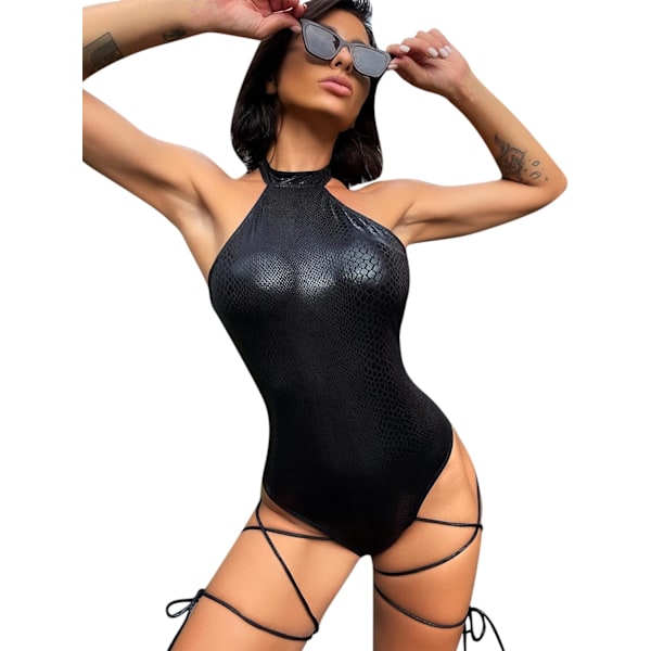 Kvinnor Rave Sexig Ormhud Tryck Bodysuit Halterneck Baddräkt med Strumpeband