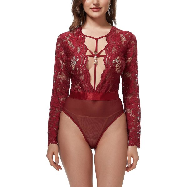 SER WISH Dam Spets Bodysuit Sexig Knäppning Gren Långärmad Djup V Teddy Lingerie Toppar Vinröd Medium-Large