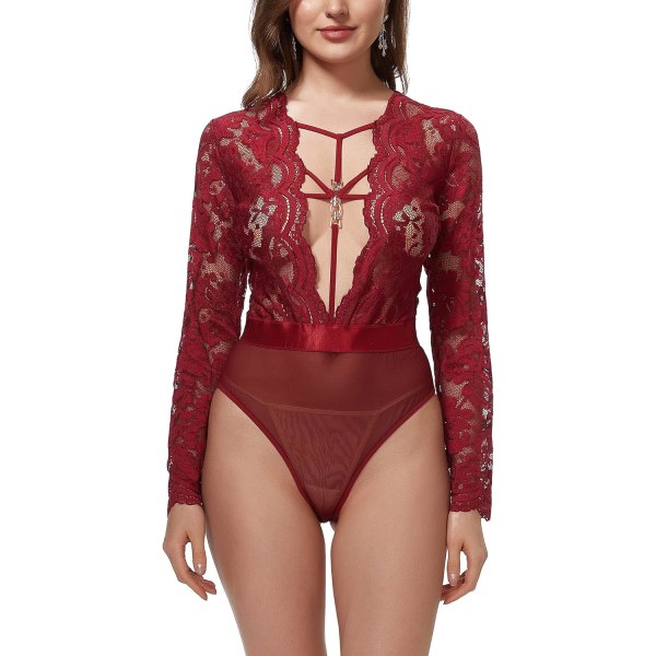 SER WISH Dam Spets Bodysuit Sexig Knäppning Gren Långärmad Djup V Teddy Lingerie Toppar Vinröd Medium-Large