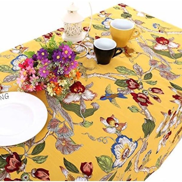 Tendo Pastoral Lantlig stil Linne bomullsdukar/bordsdukar med delikat blommande blommiga och livliga fåglar De Yellow 55 tum x 104 tum