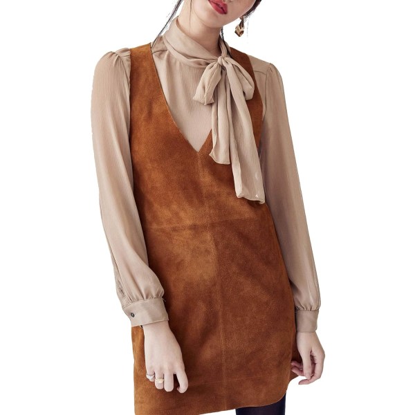 ivimos Dam Fall Faux Suede Vintage V-halsad ärmlös overallklänning med fickor Brun X-Large