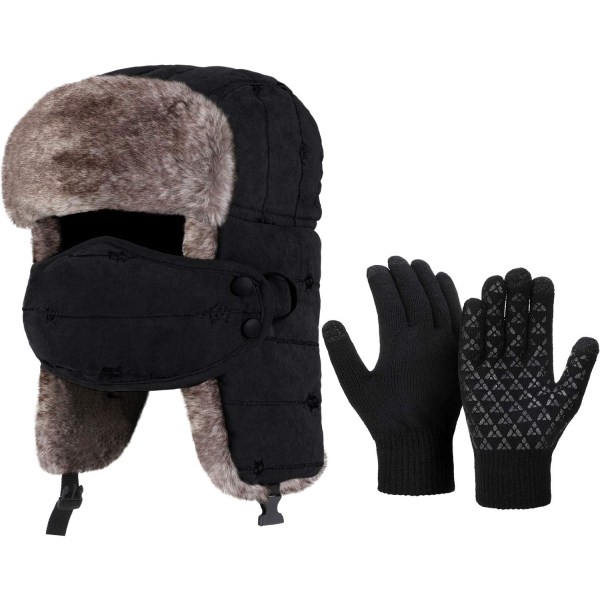 oper Trapper Hat Gloves Set, Varm vintermössa jakthatta med mask öronlappar, vinterpekskärmhandskar för kvinnor män svart