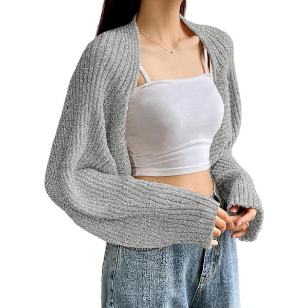 dusa Dam Långärmad Öppen Framtill Stickad Croppad Cardigan Tröja Shrug Heather Grey Medium