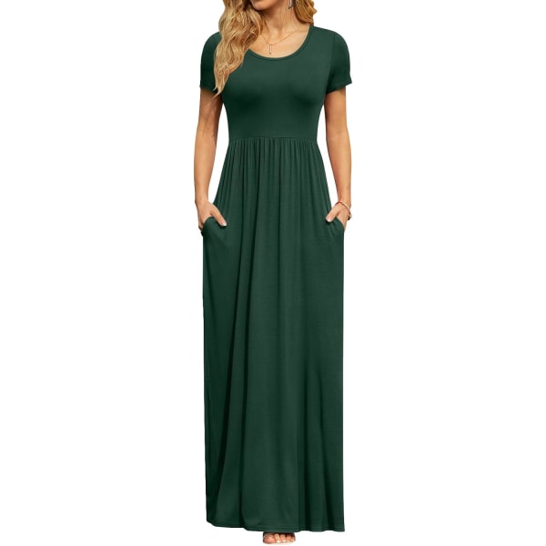 MOON kortärmade maxiklänningar för kvinnor Casual Empire Midja lång klänning med fickor Mörkgrön Medium