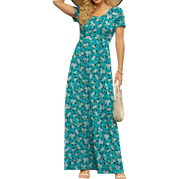 MOON kortärmade maxiklänningar för kvinnor Casual Empire Midja lång klänning med fickor Daisy Blue Gree 3X-Large