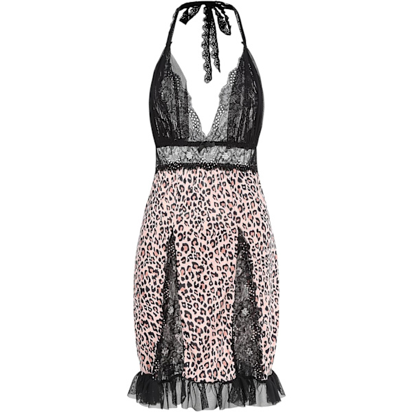QUE Damkläder Plus Size Lingerie Halter Korsband Babydoll Spets Trim Chemise Nattkläder Leopard 3X-Large