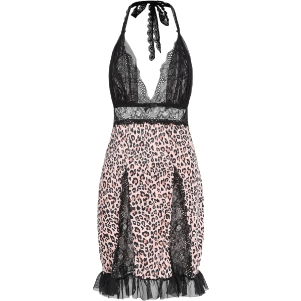 QUE Damkläder Plus Size Lingerie Halter Korsband Babydoll Spets Trim Chemise Nattkläder Leopard XX-Large